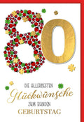Geburtstagskarte 80 Jahre – Goldene 80 mit Marienkäfern und Kleeblättern in Rot-Grün