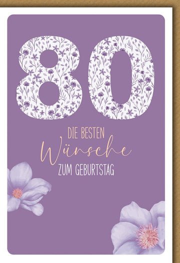 Geburtstagskarte 80 Jahre – Lila Blumenmuster mit zarten Blüten und eleganter Schrift