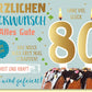 Geburtstagskarte 80 Jahre mit Kuchen und Kerzen, herzlichen Glückwunsch, alles Gute, ganz viel Glück, Gesundheit und Kraft