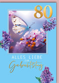 Geburtstagskarte 80 Jahre – Schmetterling auf Flieder mit Goldakzenten und Pastellblau