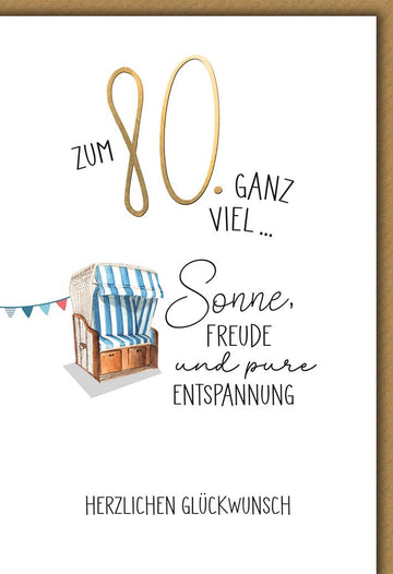 Geburtstagskarte 80 Jahre – Strandkorb mit Sonnenschein und entspannter Botschaft