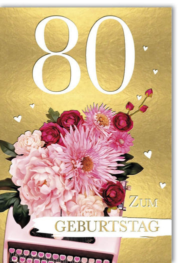 Geburtstagskarte 80 Jahre – Vintage Blumenstrauß auf goldenem Hintergrund