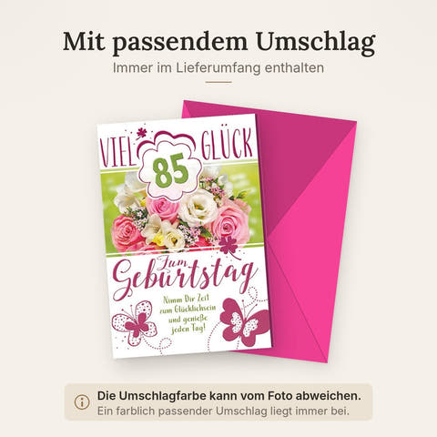 Geburtstagskarte 85 Jahre – Bunte Blumen mit Schmetterlingen und Glückwünschen