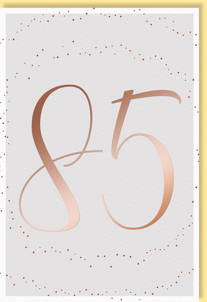 Geburtstagskarte 85 Jahre – Elegantes Design mit goldener Zahl und stilvollen Punkten