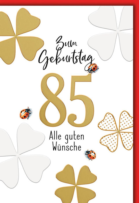 Geburtstagskarte 85 Jahre – Goldene Kleeblätter mit Marienkäfern und modernem Design