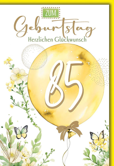 Geburtstagskarte 85 Jahre – Goldener Ballon mit Blumen und Schmetterlingen in Aquarell