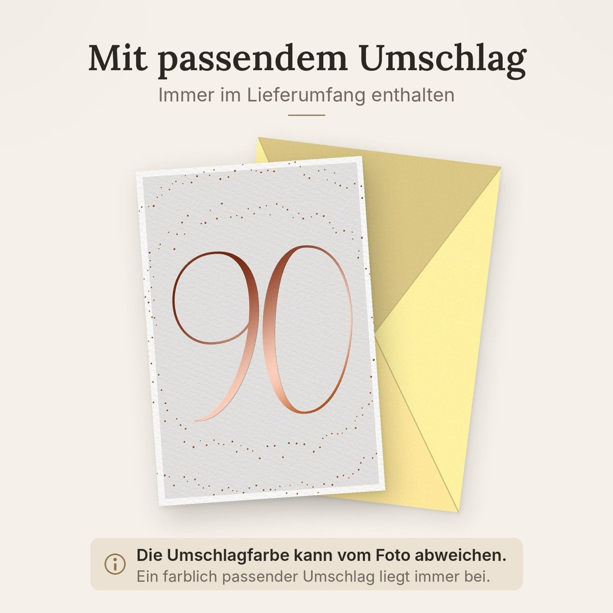 Geburtstagskarte 90: Elegante Kupferzahl auf Weiß mit Goldpunkten, hochwertiges Papier für besondere Anlässe