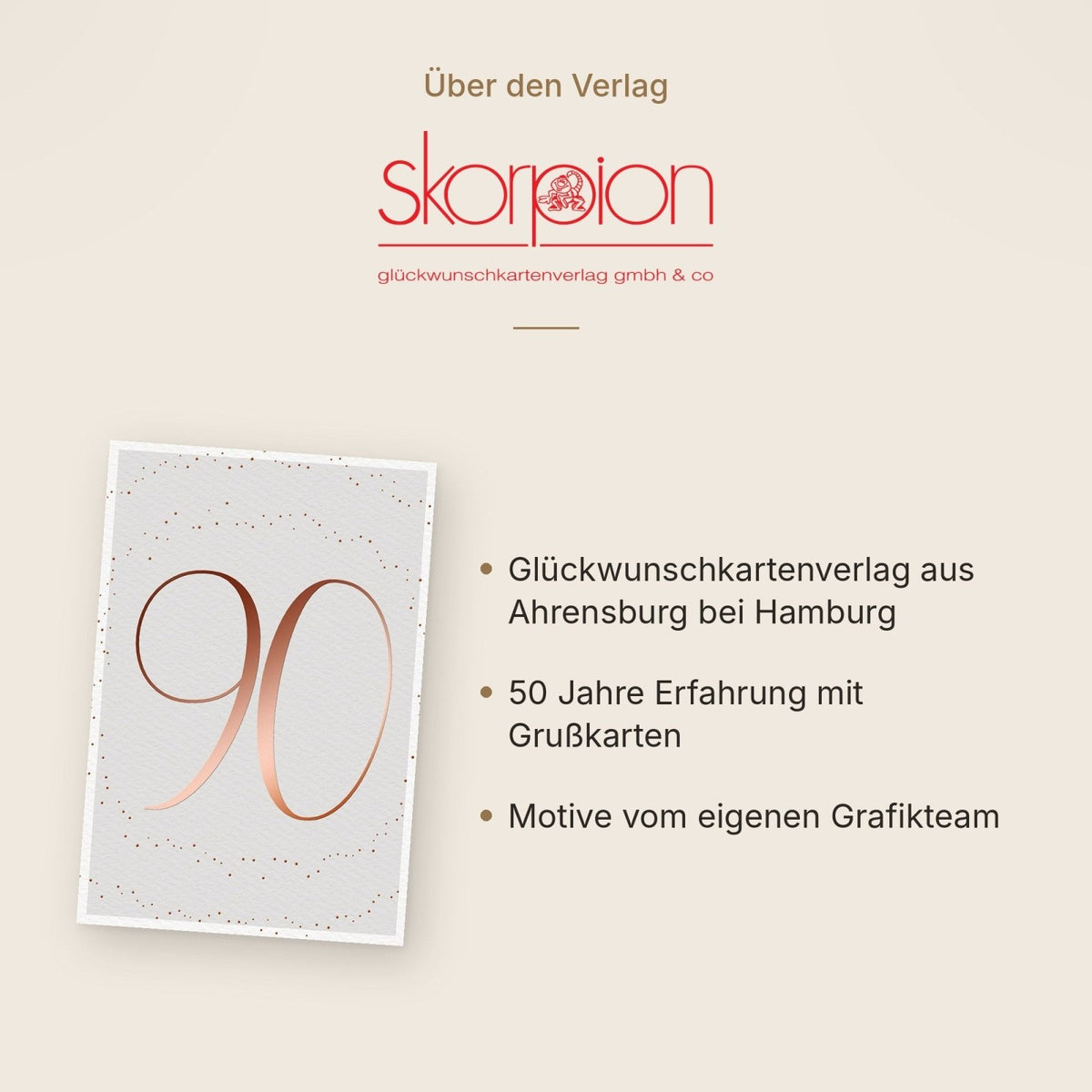 Geburtstagskarte 90: Elegante Kupferzahl auf Weiß mit Goldpunkten, hochwertiges Papier für besondere Anlässe