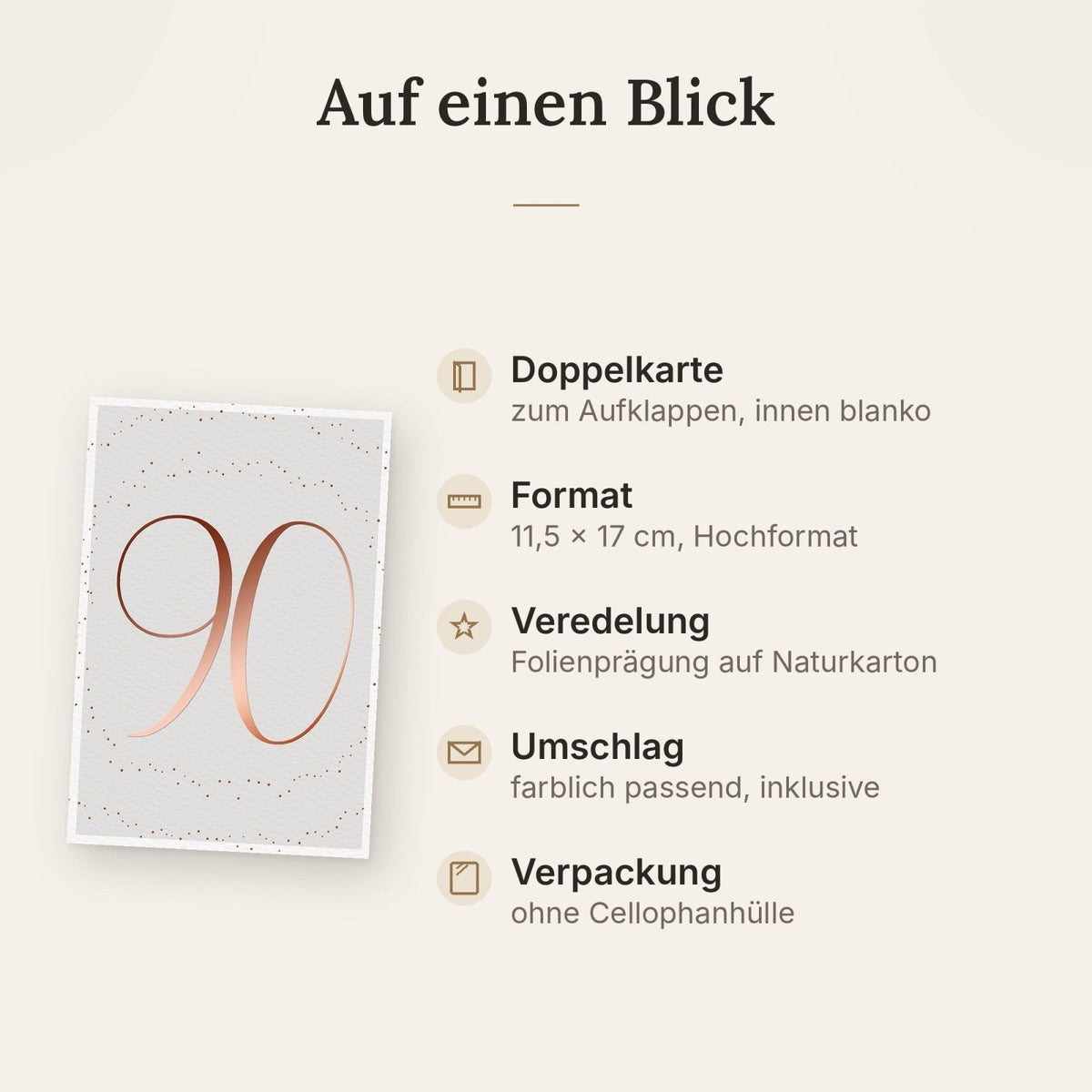 Geburtstagskarte 90: Elegante Kupferzahl auf Weiß mit Goldpunkten, hochwertiges Papier für besondere Anlässe