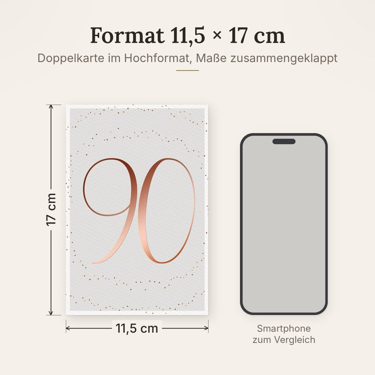 Geburtstagskarte 90: Elegante Kupferzahl auf Weiß mit Goldpunkten, hochwertiges Papier für besondere Anlässe
