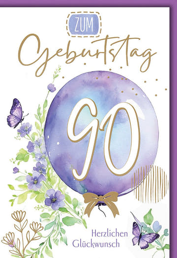 Geburtstagskarte 90 Jahre – Aquarellballon mit lila Blumen und Schmetterlingen