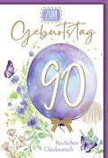 Geburtstagskarte 90 Jahre – Aquarellballon mit lila Blumen und Schmetterlingen