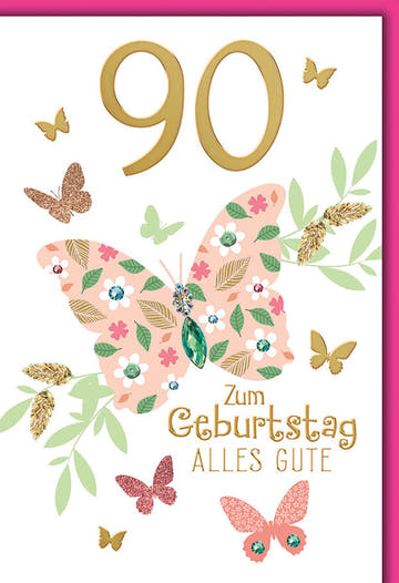 Geburtstagskarte 90 Jahre – Bunter Schmetterling mit floralen Mustern und Glitzerakzenten