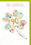 Geburtstagskarte 90 Jahre – Buntes Blumen-Kleeblatt mit Goldakzenten und Spruch