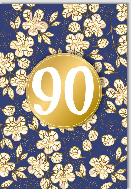 Geburtstagskarte 90 Jahre – Elegante Jubiläumskarte mit Floralem Gold - Design, Vintage Blumenmotiv