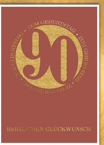 Geburtstagskarte 90 Jahre – Goldene 90 auf Rot mit Glitzer und Eleganz