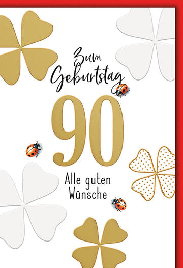 Geburtstagskarte 90 Jahre – Goldene Kleeblätter mit Marienkäfern und modernem Design