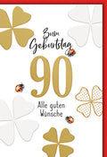 Geburtstagskarte 90 Jahre – Goldene Kleeblätter mit Marienkäfern und modernem Design