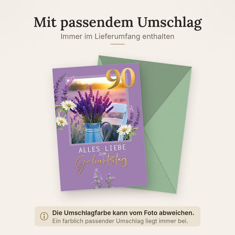 Geburtstagskarte 90 Jahre – Lavendelstrauß im Sonnenuntergang mit Gänseblümchen
