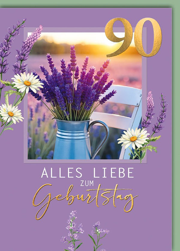Geburtstagskarte 90 Jahre – Lavendelstrauß im Sonnenuntergang mit Gänseblümchen