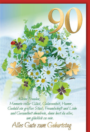 Geburtstagskarte 90 Jahre mit Blumenstrauß und Marienkäfer - Herzliche Glückwünsche für Senioren