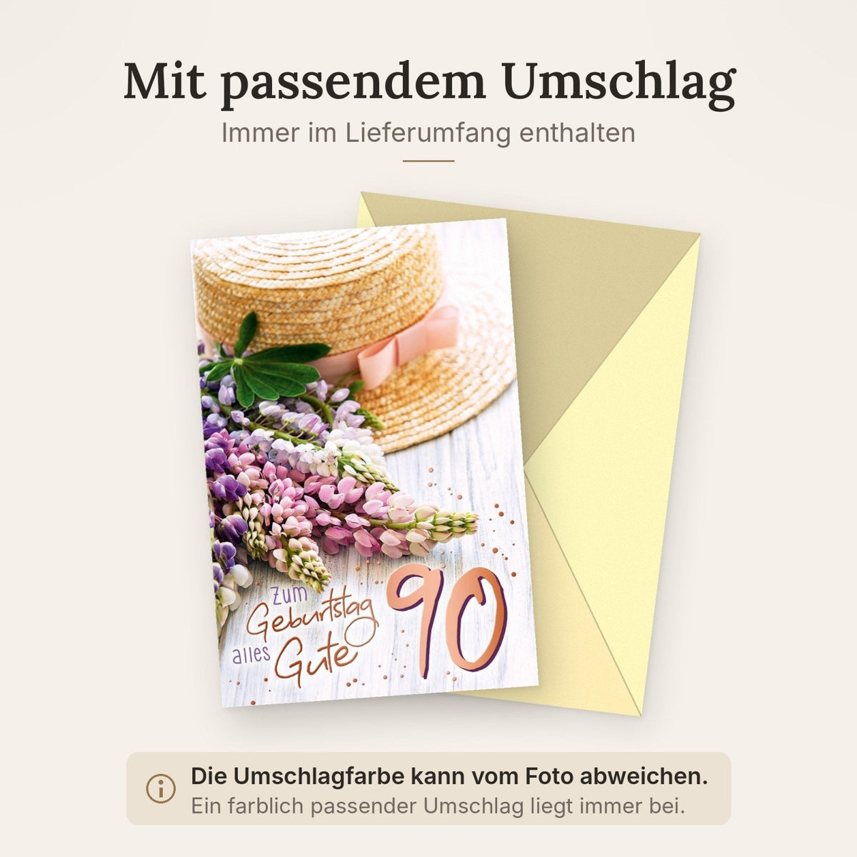 Geburtstagskarte 90 Jahre mit Blumenstrauß und Strohhut liebevoll gestaltet edle Doppelkarte zum runden Geburtstag für Frauen und Männer