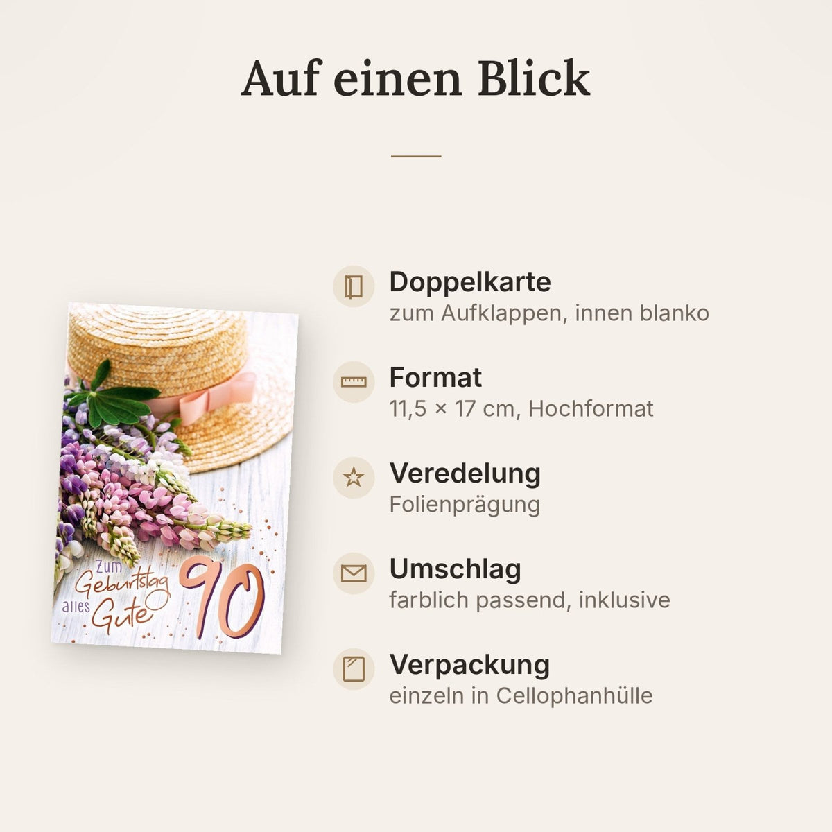 Geburtstagskarte 90 Jahre mit Blumenstrauß und Strohhut liebevoll gestaltet edle Doppelkarte zum runden Geburtstag für Frauen und Männer