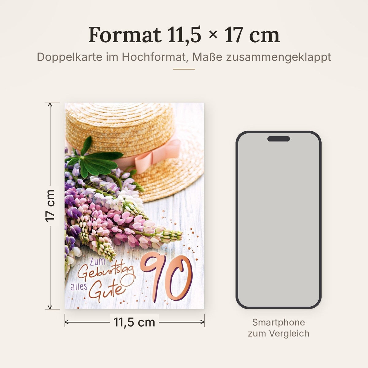 Geburtstagskarte 90 Jahre mit Blumenstrauß und Strohhut liebevoll gestaltet edle Doppelkarte zum runden Geburtstag für Frauen und Männer
