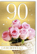 Geburtstagskarte 90 Jahre mit Rosa Rosen und Goldherzen - Elegante Glückwünsche zum Ehrentag