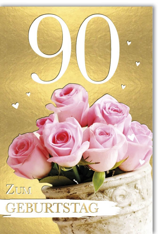 Geburtstagskarte 90 Jahre mit Rosa Rosen und Goldherzen - Elegante Glückwünsche zum Ehrentag