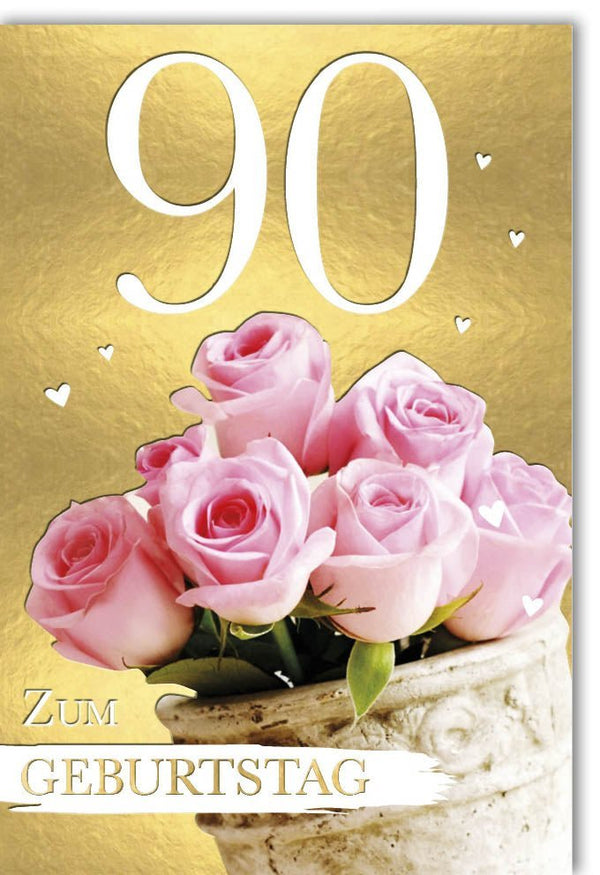 Geburtstagskarte 90 Jahre mit Rosa Rosen und Goldherzen - Elegante Glückwünsche zum Ehrentag