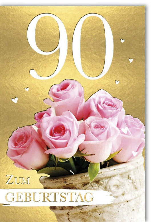 Geburtstagskarte 90 Jahre mit Rosa Rosen und Goldherzen - Elegante Glückwünsche zum Ehrentag