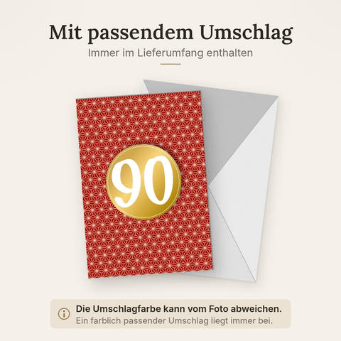 Geburtstagskarte 90 Jahre - Stilvolle Jubiläumskarte mit Rot-Goldenen Sternen für den besonderen Ehrentag von Senioren