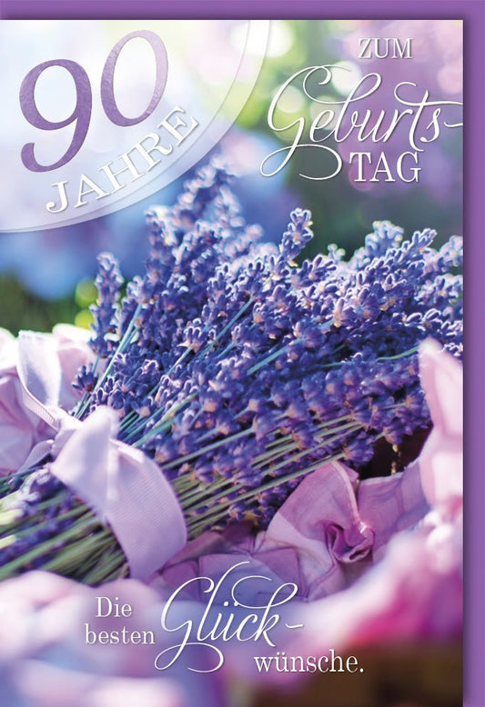 Geburtstagskarte 90 Jahre - Stilvolle Lavendel - Glückwünsche, Lila Blumen für den Neunzigsten, Festliche Jubiläumskarte