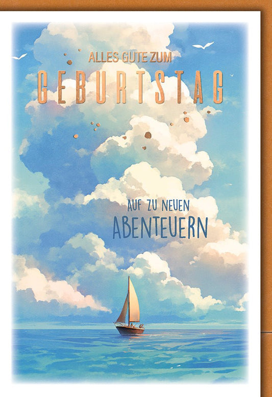 Geburtstagskarte Abenteuerlust – Segelboot vor Wolkenhimmel in Aquarell - Optik
