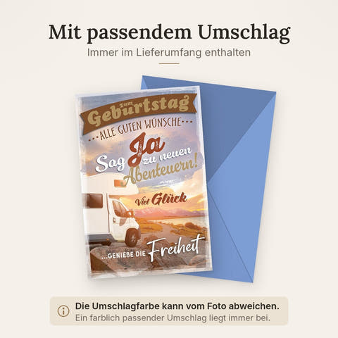 Geburtstagskarte Abenteuerlust – Wohnmobil am See mit inspirierendem Reisespruch