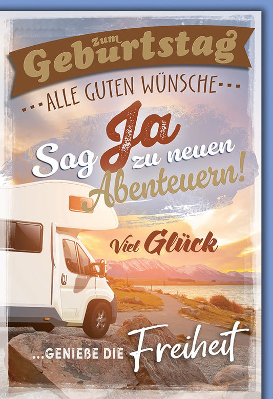 Geburtstagskarte Abenteuerlust – Wohnmobil am See mit inspirierendem Reisespruch
