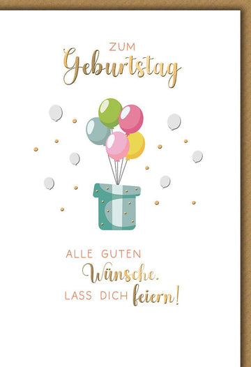 Geburtstagskarte Allgemein – Bunte Ballons in Geschenkbox mit Goldakzenten und modernem Stil