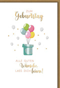 Geburtstagskarte Allgemein – Bunte Ballons in Geschenkbox mit Goldakzenten und modernem Stil