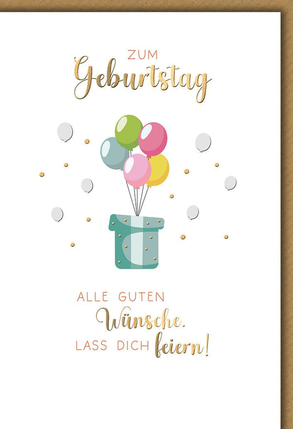 Geburtstagskarte Allgemein – Bunte Ballons in Geschenkbox mit Goldakzenten und modernem Stil