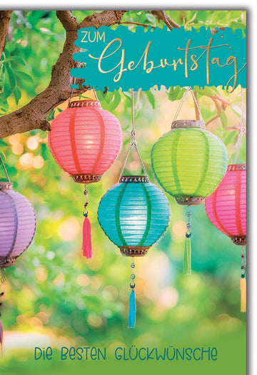 Geburtstagskarte Allgemein – Bunte Laternen im Baum mit sommerlichem Flair