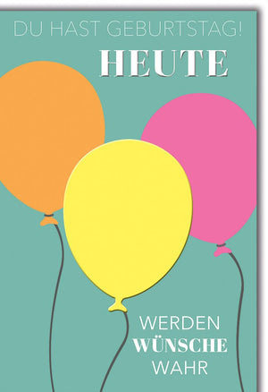 Geburtstagskarte Allgemein – Bunte Luftballons auf Türkis mit Wunsch-Erfüllungstext
