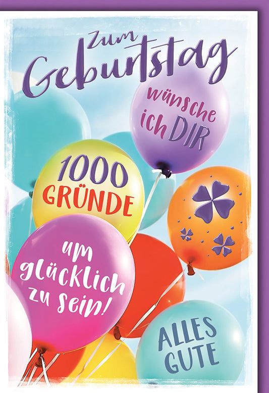 Geburtstagskarte Allgemein – Bunte Luftballons mit 1000 Gründe Glückwünsche und Schmetterling