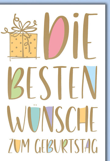 Geburtstagskarte Allgemein – Bunte Schrift mit Geschenk - Illustration und verspieltem Design