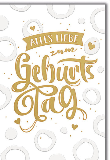 Geburtstagskarte Allgemein – Goldene Schrift mit Herzen und verspieltem Design
