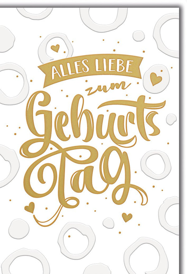 Geburtstagskarte Allgemein – Goldene Schrift mit Herzen und verspieltem Design