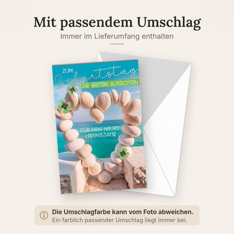 Geburtstagskarte Allgemein – Herz aus Steinen mit Kleeblättern und Meeresblick
