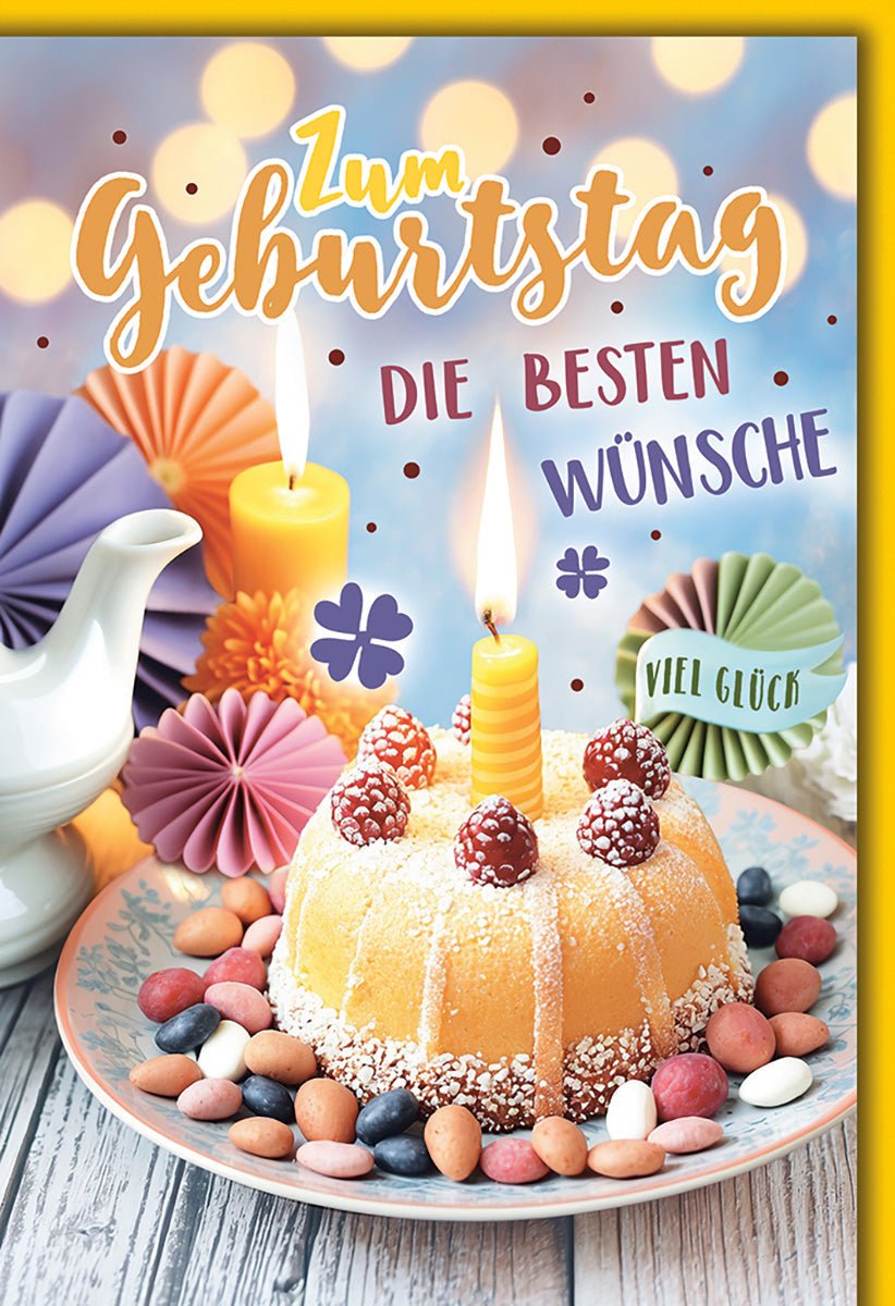 Geburtstagskarte Allgemein – Kerzenkuchen mit Papierdeko und bunten Süßigkeiten