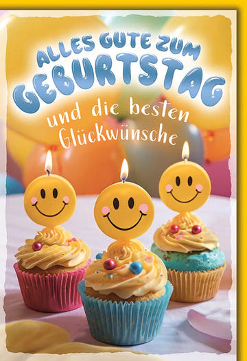 Geburtstagskarte Allgemein – Smiley - Kerzen auf Cupcakes mit buntem Ballonhintergrund