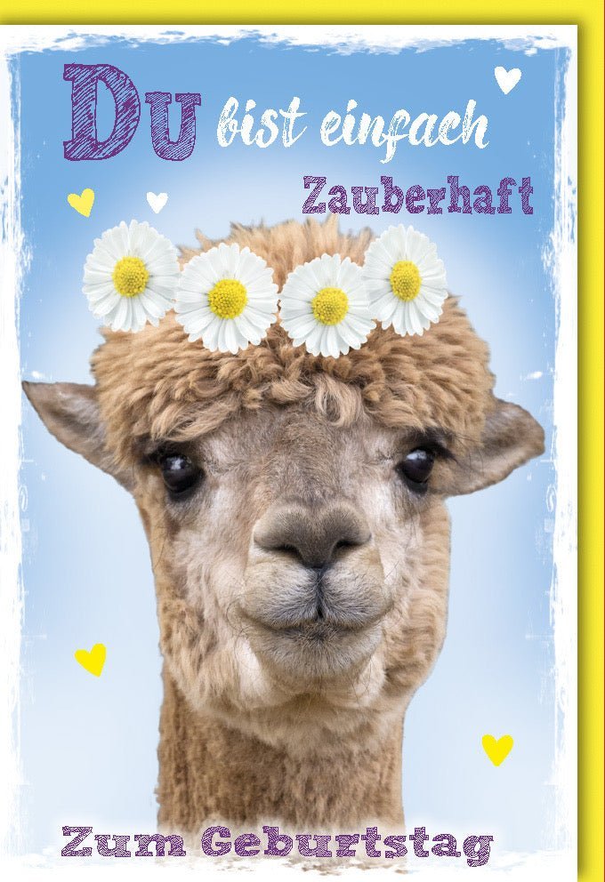 Geburtstagskarte Alpaka: Charmante Glückwünsche mit Blumen & Herzchen, Tiermotiv für fröhliche Feiern, Humorvolle Gratulation voller Freude